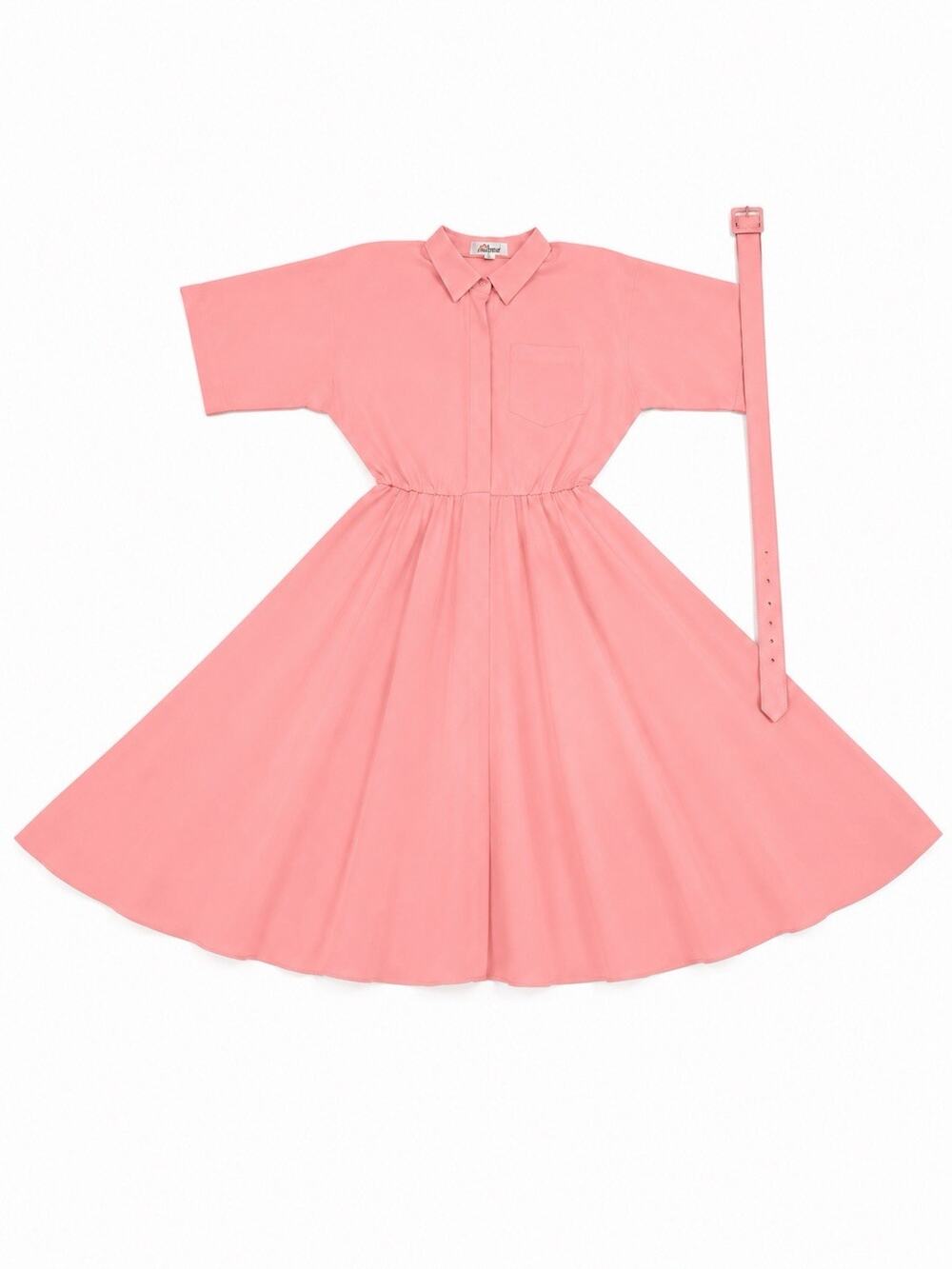 Ambria Women’s Pink Shirt Dress Belted Short Sleeve Collared Midi Dress VTG